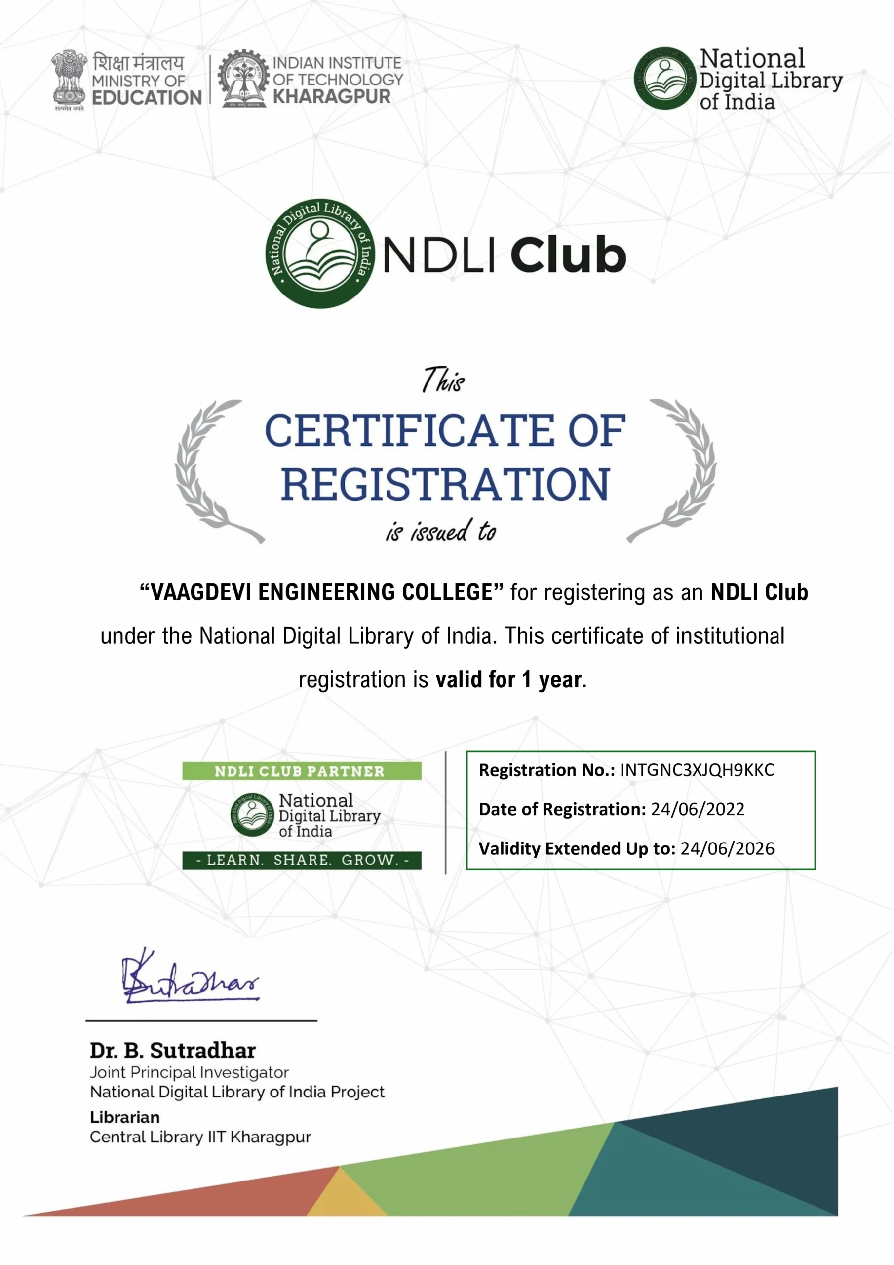 NDLI Club Renewal Certificate